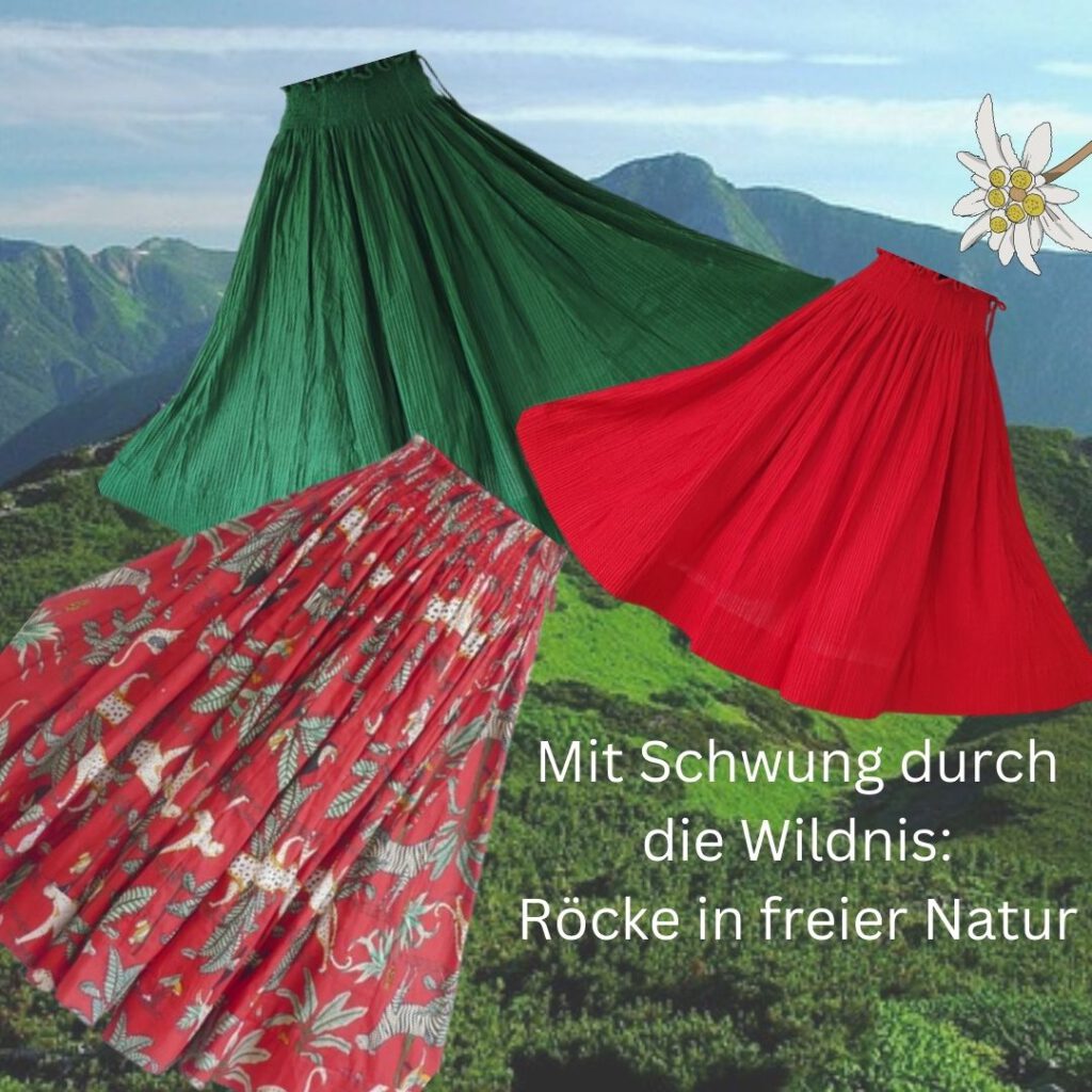 drei weite Röcke in Rot, Grün und mit Muster